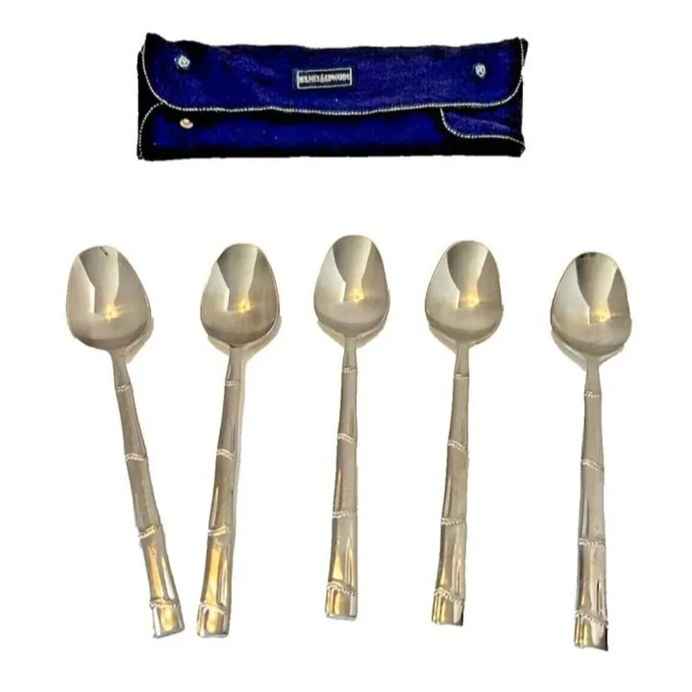 PRESENT Japan Stainless BORNES Line‎ 5 Spoons Dotted Bamboo Handle 7.5